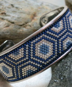 bracelet open bangle ethno pattern in blue and silver colors